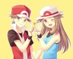  1boy 1girl ;d blue_shirt brown_eyes brown_hair brown_shirt closed_mouth commentary_request eyelashes hair_flaps hand_up hat heart index_finger_raised jacket leaf_(pokemon) long_hair one_eye_closed open_mouth pokemon pokemon_(game) pokemon_frlg red_(pokemon) red_headwear red_jacket scbstella shirt short_hair short_sleeves simple_background sleeveless sleeveless_jacket sleeveless_shirt smile t-shirt tongue upper_body v white_headwear wristband yellow_background 