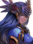  1girl armor blue_armor blue_eyes feathers gold_trim grey_hair helmet highres hiroita lenneth_valkyrie long_hair looking_at_viewer portrait shoulder_armor valkyrie valkyrie_profile winged_helmet 