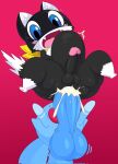  2022 3_toes anthro atlus ball_size_difference balls bandanna bent_arm bent_legs big_balls big_butt big_penis black_body black_fur blue_body blue_eyes blush bodily_fluids butt cheek_tuft cum cum_inflation cum_inside cute_fangs dipstick_tail domestic_cat ejaculation ekkokenight emanata erection facial_tuft fangs feet felid feline felis fur genital_fluids genitals glans glistening glistening_balls glistening_genitalia gradient_background hi_res inflation inner_ear_fluff kerchief leg_markings leviat_(ekkokenight) lifted looking_down male male/male mammal markings megami_tensei megami_tensei_persona morgana_(persona) motion_lines multicolored_body multicolored_fur neckerchief open_mouth pawpads paws penis penis_size_difference red_background shaded simple_background socks_(marking) solo surprised_expression sweat tail_markings thick_thighs toes tongue tuft two_tone_body two_tone_fur unknown_species vein video_games white_body white_fur yellow_bandanna yellow_kerchief 