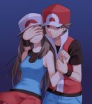  1boy 1girl blue_background blue_pants blue_shirt brown_eyes brown_hair closed_mouth commentary_request covering_another&#039;s_eyes hat jacket leaf_(pokemon) looking_at_viewer pants parted_lips pleated_skirt pokemon pokemon_(game) pokemon_frlg red_(pokemon) red_headwear red_jacket red_skirt scbstella shirt short_hair short_sleeves skirt sleeveless sleeveless_jacket sleeveless_shirt t-shirt white_headwear wristband 