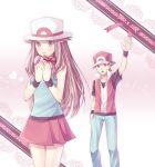  1boy 1girl arm_up blue_shirt box brown_eyes brown_hair closed_mouth commentary_request gift gift_box hat heart heart-shaped_box hetero holding holding_gift leaf_(pokemon) long_hair pants pleated_skirt pokemon pokemon_(game) pokemon_frlg red_(pokemon) red_headwear red_skirt scbstella shirt short_sleeves sidelocks skirt sleeveless sleeveless_jacket sleeveless_shirt t-shirt white_headwear wristband 