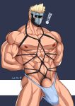  1boy artist_name bara bdsm biceps blonde_hair blue_eyes blush bondage bound callmea18 erection feet_out_of_frame glowing glowing_eyes highres huge_penis large_pectorals male_focus male_underwear manly mask mature_male muscular muscular_male nipples non-web_source original pectorals penis pubic_hair short_hair signature silvy_sparky simple_background solo spiked_hair thick_arms thick_thighs thighs underwear virtual_youtuber 