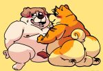  2022 anthro backsack balls belly big_belly blush brown_body butt canid canine canis dogs_in_space domestic_dog duo genitals hi_res loaf_(dogs_in_space) male male/male mammal moobs naughtyshiberin nipples overweight overweight_male 