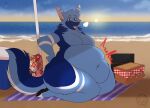  2022 anthro beach bloated canid canine cooler fatfur fox hi_res male mammal overeating picnic ryukawa sea seaside solo umbrella water ych_result 