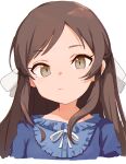  1girl absurdres bow brown_eyes brown_hair doragofu frills hair_bow highres idolmaster idolmaster_cinderella_girls long_hair portrait sidelocks tachibana_arisu white_background 