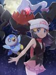  0_0 1girl beanie blue_eyes darkrai dawn_(pokemon) dress glowing glowing_eye hat highres inana_umi looking_at_another moon night piplup pokemon pokemon_(creature) pokemon_(game) pokemon_dppt red_eyes scarf sky sleeveless sleeveless_dress star_(sky) starry_sky surprised v-shaped_eyebrows 