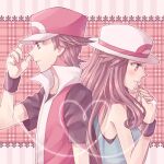  1boy 1girl blue_shirt blush brown_eyes brown_hair closed_mouth commentary_request from_side hand_up hat heart hetero leaf_(pokemon) long_hair pokemon pokemon_(game) pokemon_frlg red_(pokemon) red_headwear scbstella shirt short_hair short_sleeves sleeveless sleeveless_jacket sleeveless_shirt smile t-shirt upper_body white_headwear wristband 