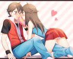  1boy 1girl all_fours bangs blue_shirt blue_socks blush brown_eyes brown_hair closed_mouth commentary_request cowlick eye_contact heart hetero holding leaf_(pokemon) long_hair looking_at_another loose_socks panties pants pleated_skirt pokemon pokemon_(game) pokemon_frlg red_(pokemon) red_skirt scbstella shirt short_hair short_sleeves sitting skirt sleeveless sleeveless_jacket sleeveless_shirt socks striped striped_panties sweatdrop t-shirt underwear valentine white_socks wristband 