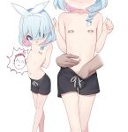  1boy 1girl arona_(blue_archive) bandaid bandaids_on_nipples blue_archive blue_hair borscht_(artist) braid dark-skinned_male dark_skin flat_chest hair_over_one_eye highres male_swimwear male_swimwear_challenge molestation multicolored_hair navel pasties sensei_(blue_archive) sexual_harassment short_hair spread_navel swim_trunks topless white_background 