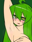  +_+ 1girl ahoge armpit_focus armpits bangs blush breasts commentary_request completely_nude cookie_(touhou) covering covering_one_breast cross facepaint green_background green_eyes green_hair hair_between_eyes highres jijii_(nicoseiga91467756) kochiya_sanae large_breasts long_hair looking_at_viewer nose_blush nude open_mouth parody paseri_(cookie) portrait scotch_(cookie)_(style) simple_background solo style_parody touhou 