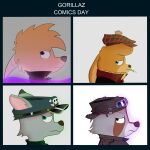  1:1 alebrije angry anthro beret blue_eyes bone brown_body brown_eyes brown_fur brown_nose brown_suit bruni canid canine canis cherry_(racoon) clothing cosplay dragon female female/female feral fur gorillaz green_eyes green_suit grey_body grey_fur group hat headgear headwear hi_res horn itka jowogenfl lagomorph leporid long_ears looking_back magic male male/male mammal perro_del_tiempo procyonid rabbit raccoon red_eyes red_suit skull suits wolf 