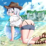  1girl ball beach blue_eyes blue_sky dress highres honkai_(series) honkai_impact_3rd kiana_kaslana kudayunii long_hair short_dress sky solo swimsuit water white_hair 