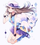  1girl alolan_vulpix alternate_color bag blue_shirt blue_socks blush brown_eyes brown_hair closed_mouth commentary_request diamond_(shape) eyelashes floating_hair hand_up hat leaf_(pokemon) long_hair loose_socks messenger_bag pleated_skirt pokemon pokemon_(creature) pokemon_(game) pokemon_frlg purple_skirt scbstella shirt shoes shoulder_bag skirt sleeveless sleeveless_shirt smile socks vs_seeker white_background white_footwear white_headwear wristband yellow_bag 