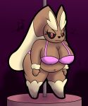  absurd_res anthro bedroom_eyes belly bent_over big_breasts big_butt black_sclera bra breasts brown_body brown_fur butt cleavage clothed clothing crowd female floppy_ears fur generation_4_pokemon group hands_on_knees hands_on_legs hi_res leaning leaning_forward leg_markings looking_at_viewer lop_ears lopunny markings multicolored_body multicolored_fur musical_note narrowed_eyes navel nintendo nipple_outline overweight overweight_female panties pink_bra pink_clothing pink_panties pink_underwear pokemon pokemon_(species) pole presenting presenting_breasts red_eyes seductive short_stack simple_background smile sneavile socks_(marking) solo stripper stripper_pole thick_thighs two_tone_body two_tone_fur underwear video_games wide_hips 
