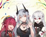  3girls :d ^_^ absurdres arknights bangs bare_shoulders black_dress black_shirt blush braid breasts cleavage closed_eyes closed_mouth collared_shirt confetti crown_braid dress facing_viewer fang grey_hair hair_between_eyes hair_ornament hand_up happy_birthday head_tilt highres horns large_breasts long_hair looking_at_viewer mudrock_(arknights) multiple_girls pale_skin pointy_ears red_eyes red_hair shirt sktre12 smile spikes streamers v vigna_(arknights) warfarin_(arknights) 