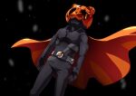  1boy bear black_background black_bodysuit black_gloves bodysuit cape desire_driver dutch_angle entry_form from_below gloves helmet highres kamen_rider kamen_rider_geats_(series) kamen_rider_punkjack male_focus orange_cape otokamu superhero tokusatsu 