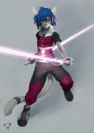  2015 accessory action_pose anthro black_nose blue_hair bracelet clothed clothing dual_wielding ear_piercing ear_ring energy felid feline flame_pattern footwear front_view full-length_portrait fully_clothed furgonomics grey_background hair hi_res holding_lightsaber holding_object holding_weapon jewelry kiske_7key lightsaber looking_at_viewer male mammal melee_weapon particles piercing pink_glow plantigrade portrait pose ring ring_piercing shoes simple_background smile smirk solo star_wars tail_accessory tail_jewelry tail_ring teal_eyes wallet_chain weapon xeol_alza 