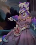  anthro blue_eyes breasts clothed clothing domestic_cat eyebrows eyelashes feathered_wings feathers felid feline felis female fur hair hybrid kaitycuddle mammal purple_body purple_fur smile solo white_hair wings 