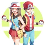  1boy 1girl ;d bag blue_shirt blush breasts brown_eyes brown_hair closed_mouth commentary_request eyelashes hand_on_hip hat holding holding_poke_ball leaf_(pokemon) long_hair looking_at_viewer messenger_bag one_eye_closed open_mouth pants pleated_skirt poke_ball poke_ball_(basic) pokemon pokemon_(game) pokemon_frlg red_(pokemon) red_headwear red_skirt scbstella shirt short_hair short_sleeves shoulder_bag skirt sleeveless sleeveless_jacket sleeveless_shirt smile super_smash_bros. super_smash_bros._logo t-shirt tongue vs_seeker white_headwear wristband 