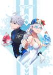  1boy 1girl absurdres ahoge anastasia_(fate) anastasia_(swimsuit_archer)_(fate) anastasia_(swimsuit_archer)_(second_ascension)_(fate) black_eyes blue_eyes braid breasts dress fate/grand_order fate_(series) food grey_hair head_wreath highres james_moriarty_(archer)_(fate) james_moriarty_(gray_collar)_(fate) james_moriarty_(ruler)_(fate) licking_lips lightning_ahoge long_hair medium_breasts necktie shaved_ice smile spoon sundress tia_(cocorosso) tongue tongue_out twin_braids vest 