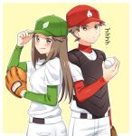  1boy 1girl alternate_costume baseball_bat baseball_mitt belt blush border brown_belt brown_eyes brown_hair buttons commentary_request eyelashes green_headwear hand_on_headwear hand_up hat holding holding_baseball_bat leaf_(pokemon) long_hair outline pants parted_lips pokemon pokemon_(game) pokemon_frlg red_(pokemon) red_headwear scbstella shirt short_hair short_sleeves smile smirk undershirt vest white_border white_pants white_shirt yellow_background 