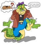  2021 3_toes 4_fingers alligator alligatorid alpha_channel anthro biped bottomwear brok_(character) brok_the_investigator clothing crocodilian dialogue english_text feet fingers green_body hat headgear headwear hi_res humanoid_hands jollyville male pants question_mark reptile scalie shirt simple_background solo text toes topwear transparent_background video_games 