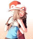  1boy 1girl :d blue_shirt blush brown_hair closed_eyes closed_mouth commentary_request hair_flaps hat hug leaf_(pokemon) long_hair open_mouth pokemon pokemon_(game) pokemon_frlg red_(pokemon) red_headwear scbstella shirt short_hair short_sleeves sleeveless sleeveless_shirt smile tearing_up tongue upper_body white_headwear wristband 