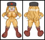  abs absurd_res alek_the_bear anthro blonde_hair boots boots_only clothing fan_character female footwear footwear_only fur gloves hair hair_drills handwear hi_res long_hair mammal mobian_monster mostly_nude muscular parka red_star russian solo soviet_union ursid yellow_body yellow_fur 