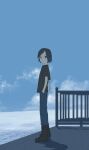  1boy absurdres asagiri_kogen bangs black_footwear black_hair black_shirt blurry boots calem_(pokemon) closed_mouth cloud commentary day fence from_side full_body grey_eyes hand_in_pocket highres looking_at_viewer male_focus outdoors pants pokemon pokemon_(game) pokemon_xy shirt short_hair short_sleeves sky solo standing t-shirt 