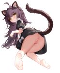  1girl absurdres ahoge all_fours animal_ear_fluff animal_ears anus bangs barefoot black_dress blush bottomless closed_mouth dress feet from_behind full_body highres long_hair looking_at_viewer looking_back nahaki original puffy_short_sleeves puffy_sleeves purple_hair pussy short_sleeves simple_background soles solo tail toes yellow_eyes 