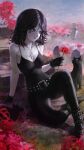  1girl ankh belt black_cat black_hair black_tank_top cat death_of_the_endless flower gothic highres pale_skin red_flower skull tank_top the_sandman_(dc) tiger_lily tombstone user_ndsu8742 