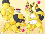  ampharos anus backsack balls big_balls big_penis big_tail blush bodily_fluids body_writing bottom_heavy cum cum_from_ass cum_in_ass cum_inside digital_media_(artwork) feral fur generation_2_pokemon genital_fluids genitals hi_res huge_balls huge_penis humanoid_genitalia humanoid_penis looking_at_viewer lying male nervous nintendo not_furry nude on_front penis petrovolt pokemon pokemon_(species) signature simple_background solo video_games yellow_body yellow_fur 