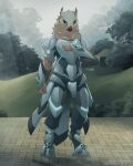  absurd_res anthro armor avian bird blue_eyes digitigrade forest halu hi_res horn light male metal neck_tuft owl plant pose solo standing tree tuft warrior 