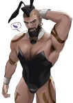  1boy animal_ears arm_behind_head armpit_hair armpits bara beard biceps black_hair brown_eyes bulge buzz_cut ear_piercing earrings facial_hair feet_out_of_frame hairy highres jewelry league_of_legends looking_to_the_side male_focus male_playboy_bunny manly mature_male mohawk muscular muscular_male original pantheon_(league_of_legends) pectorals piercing rabbit_ears short_hair simple_background smile sociopotato1 solo speech_bubble tattoo teeth thick_arms thick_eyebrows thick_thighs thighs tight very_short_hair white_background 