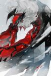  animal_focus aqua_eyes bright_pupils from_side grey_background highres horns looking_at_viewer no_humans pokemon pokemon_(creature) snowing solo tugu_pi yveltal 