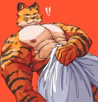  2022 abs anthro barazoku beastars biceps big_muscles big_pecs bill_(beastars) exclamation_point felid fur hi_res huge_muscles looking_at_viewer looking_down looking_down_at_viewer low-angle_view male mammal muscular muscular_anthro muscular_male nipples obliques orange_background pantherine pecs simple_background solo standing surprise teseirei tiger towel towel_only tuft wide_eyed 