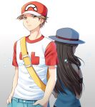  1boy 1girl back-to-back backpack bag blue_shirt brown_eyes brown_hair closed_mouth commentary_request gradient gradient_background grey_background hands_in_pockets hat leaf_(pokemon) long_hair pants pokemon pokemon_(game) pokemon_frlg pokemon_sm print_shirt red_(pokemon) red_headwear scbstella shirt short_hair short_sleeves sleeveless sleeveless_shirt t-shirt white_headwear wristband yellow_bag 