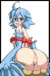  1girl absurdres ahoge anus ass bangs blue_feathers blue_hair blue_wings blush bottomless breasts commentary english_commentary feathered_wings feathers hair_between_eyes harpy highres littlepengo looking_at_viewer looking_back medium_hair monster_girl monster_musume_no_iru_nichijou open_mouth papi_(monster_musume) pussy pussy_juice ribbon_bra scales simple_background small_breasts solo white_background winged_arms wings yellow_eyes 