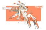  1girl absurdres closed_mouth copyright highres looking_at_viewer mechanical_legs mechanical_wings ne_baozi original rectangle short_hair sitting smile solo white_background white_hair wings wire writing 