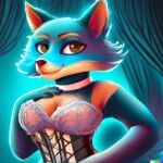  anthro artificial_intelligence blue_body blue_fur canid canine clothing corset curtains_open dall-e female fox fur lingerie looking_at_viewer mammal smile smiling_at_viewer solo topwear 