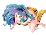  1980s_(style) 1girl animal_print bikini breasts green_hair highres horns kme lum oni oni_horns pointy_ears print_footwear retro_artstyle strapless strapless_bikini swimsuit tiger_print urusei_yatsura yellow_bikini yellow_eyes 