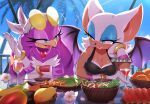  2girls animal_ears bat_ears bat_girl beak bird_girl blue_eyes blue_sky breasts cleavage eyewear_on_head food furry furry_female gloves green_eyes iiimirai looking_at_another multiple_girls rouge_the_bat round_eyewear sky smile sonic_(series) sonic_riders sunglasses table upper_body wave_the_swallow white_gloves wings 