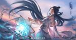  1girl absurdres black_hair closed_mouth dress expressionless flower from_behind glowing hair_bun hair_ornament highres holding holding_sword holding_weapon horizon ling_qingzhu_(wu_dong_qian_kun) long_hair looking_to_the_side lotus second-party_source solo splashing sword very_long_hair water weapon white_dress wu_dong_qian_kun xiao_jingzi_haohao_hua 