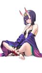  1girl absurdres ankle_ribbon bangs bare_shoulders barefoot_sandals blush bob_cut breasts collarbone eyeliner fate/grand_order fate_(series) grin headpiece highres horns indian_style japanese_clothes kimono leg_ribbon long_sleeves looking_at_viewer makeup off_shoulder oni oni_horns photo-referenced purple_eyes purple_hair purple_kimono red_ribbon revealing_clothes ribbon short_hair shuten_douji_(fate) sitting skin-covered_horns small_breasts smile solo spider_apple toes white_background wide_sleeves 