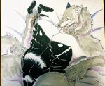  absurd_res anthro bed big_breasts breasts canid canine canis clothing fake_ears fake_rabbit_ears female fur furniture grey_body grey_fur hi_res lying mammal nekomata_ftnr on_back rubber rubber_clothing rubber_suit solo wolf 