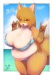  5_fingers anthro belly big_breasts bikini biped breasts brown_body brown_eyes brown_fur brown_hair canid canine cleavage clothed clothing countershade_fur countershading dipstick_tail eyelashes female fingerpads fingers fluffy fluffy_tail fox fur gesture gloves_(marking) hair hi_res kemono looking_at_viewer mammal markings navel open_mouth open_smile outside overweight overweight_anthro overweight_female pawpads portrait seaside smile solo swimwear tail_markings tan_body tan_fur thick_thighs three-quarter_portrait usssar12 