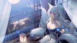  1girl animal_ears azur_lane bangs bare_shoulders blue_butterfly blue_eyes blue_kimono breasts bug building butterfly cleavage curtains fox_ears fox_girl fox_tail hair_ornament japanese_clothes kimono lantern large_breasts long_hair long_sleeves looking_at_viewer manjuu_(azur_lane) multiple_tails off_shoulder official_art sagiri_(ulpha220) see-through shinano_(azur_lane) sidelocks sitting skirt solo tail thighhighs thighs tile_roof white_hair white_skirt white_tail white_thighhighs wide_sleeves 