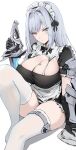  1girl alternate_costume apron bangs blue_eyes blush bow breast_tattoo breasts cleavage closed_mouth dress enmaided ethel_(xenoblade) frills gloves grey_hair haoni highres holding huge_breasts knee_up long_hair looking_at_viewer maid maid_apron maid_headdress puffy_sleeves ribbon sitting solo sword tattoo thighhighs very_long_hair weapon white_background xenoblade_chronicles_(series) xenoblade_chronicles_3 