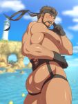  1boy artist_name ass bara beard belt blurry blurry_background blush brown_hair cliff cloud cloudy_sky eddlayer facial_hair feet_out_of_frame gloves hairy headband highres large_pectorals lighthouse looking_at_viewer male_focus manly mature_male metal_gear_(series) metal_gear_solid nipples ocean open_mouth outdoors pectorals short_hair signature sky solid_snake solo teeth thick_arms thick_eyebrows thick_thighs thighs tongue water 