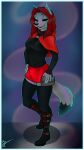  abstract_background anthro black_nose black_sclera black_tail_tip black_turtleneck boots bulge_under_clothes canid canine clothing dipstick_tail fairy_tales footwear fox fur grey_body grey_fur gynomorph hair handbag hi_res intersex iridescent_fur legwear little_red_riding_hood little_red_riding_hood_(copyright) maddworld mammal markings red_capelet red_hair red_miniskirt solo tail_markings thigh_highs vixx_(character) 